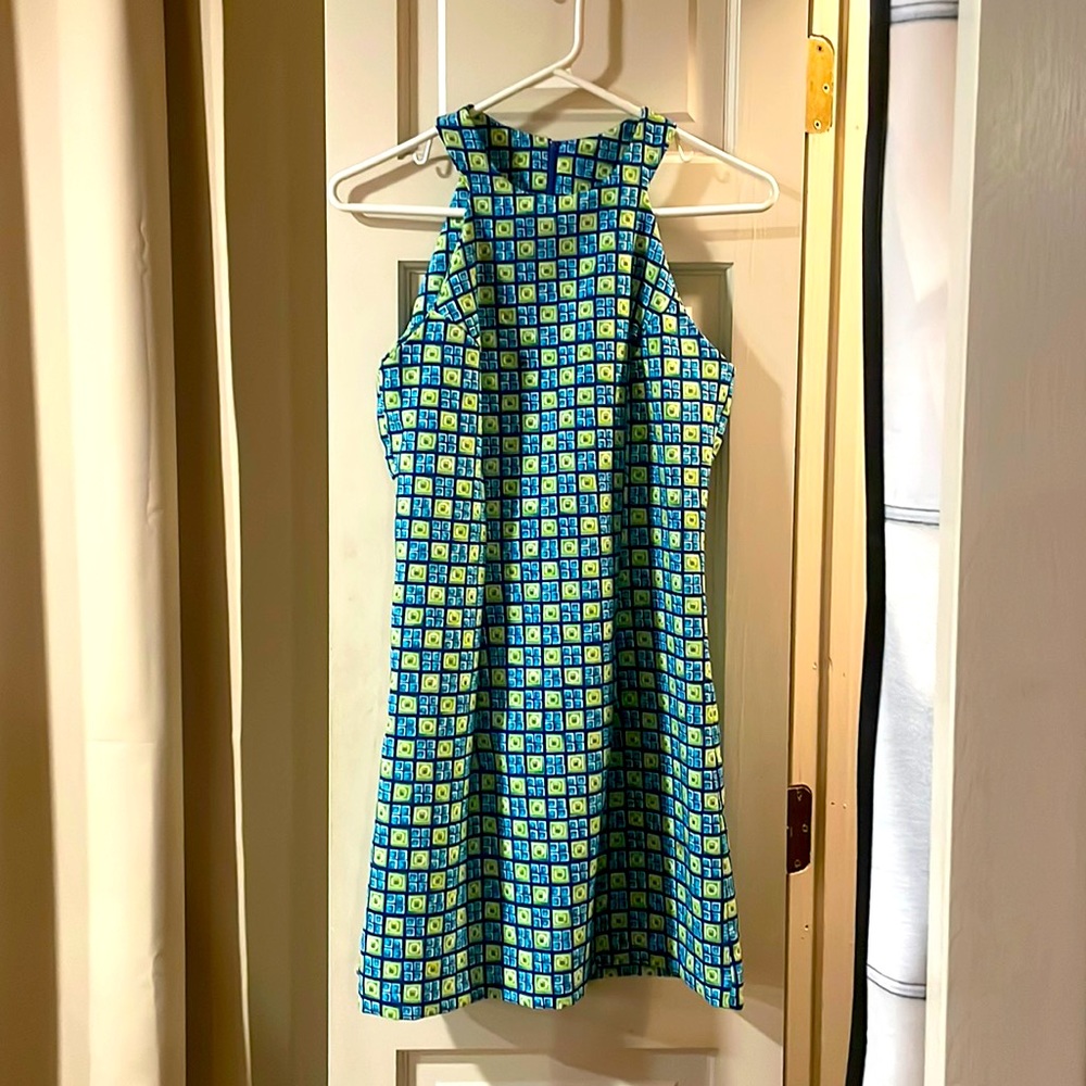 All That Jazz sz 5/6 small Vintage green/blue square pattern halter mini-dress